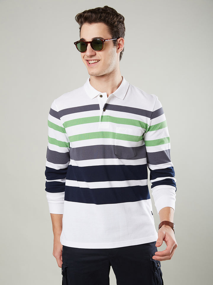 Men’s Striped Polo – Long Sleeve Cotton Blend - T-Shirts