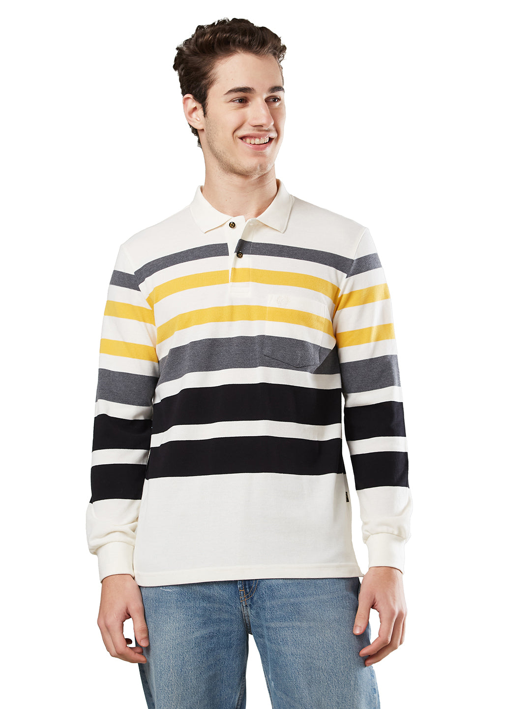 Men’s Striped Polo – Long Sleeve Cotton Blend - T-Shirts