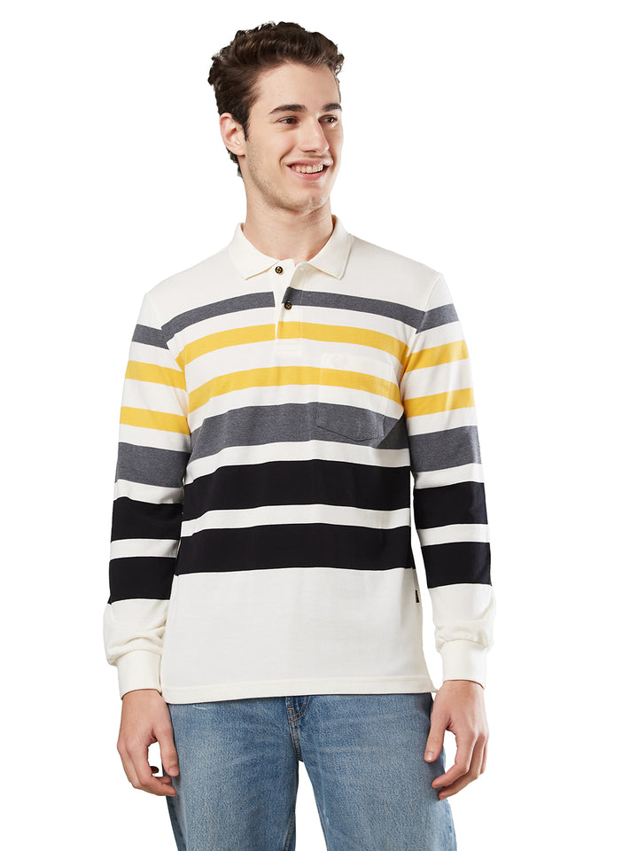 Men’s Striped Polo – Long Sleeve Cotton Blend - T-Shirts