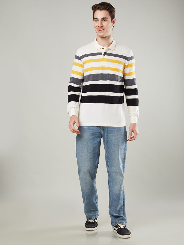 Men’s Striped Polo – Long Sleeve Cotton Blend - T-Shirts