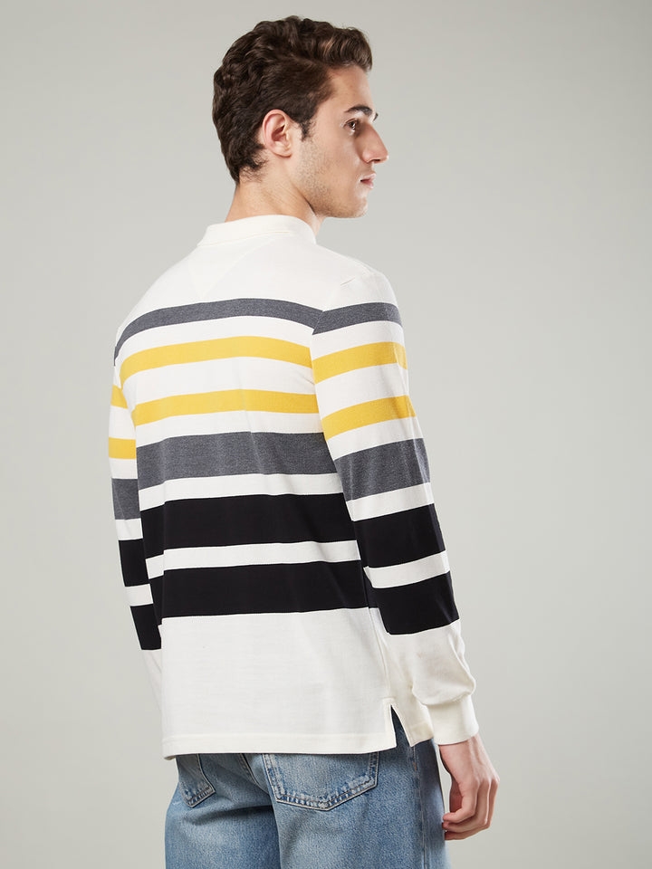 Men’s Striped Polo – Long Sleeve Cotton Blend - T-Shirts