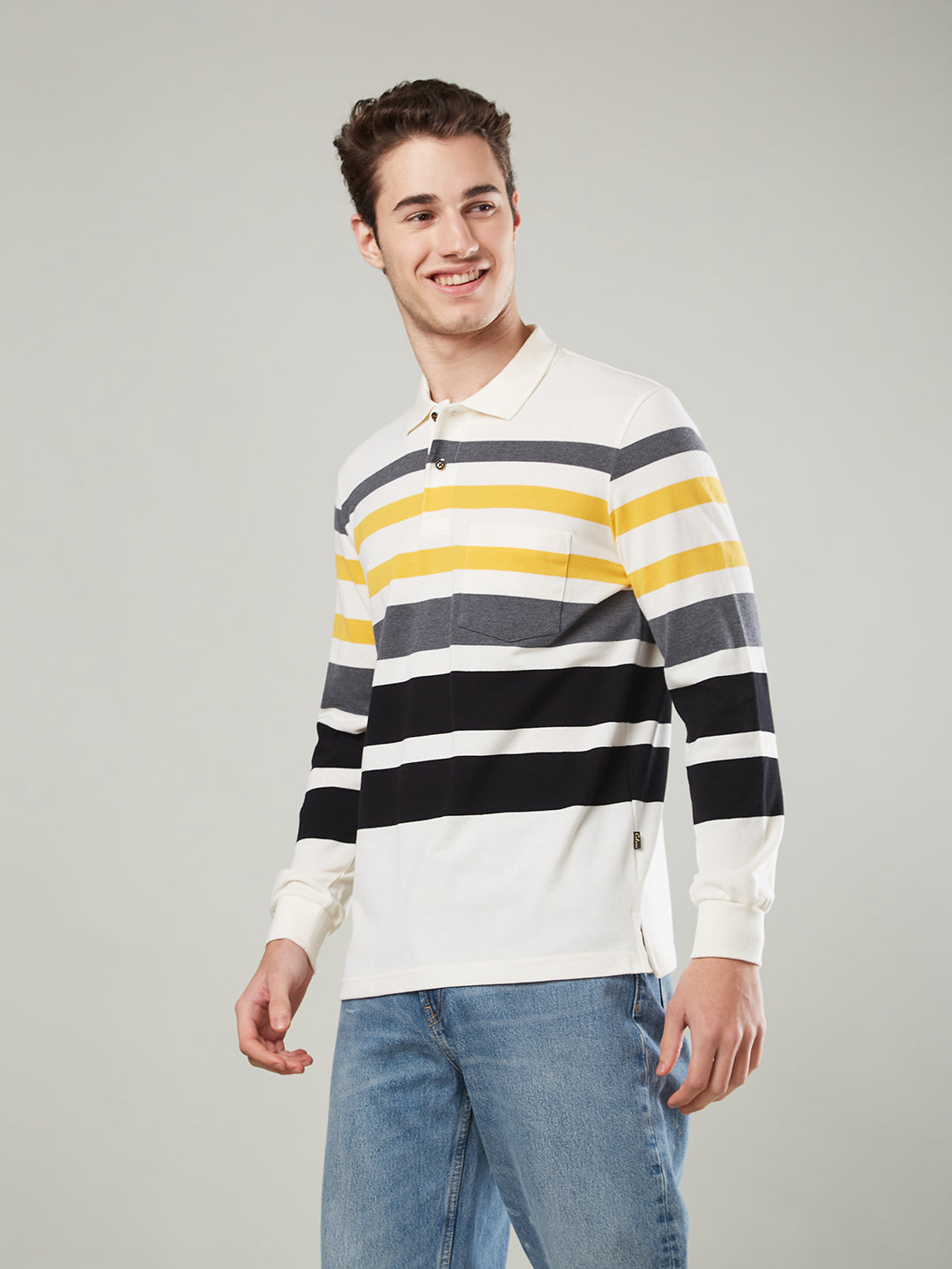 Men’s Striped Polo – Long Sleeve Cotton Blend - T-Shirts