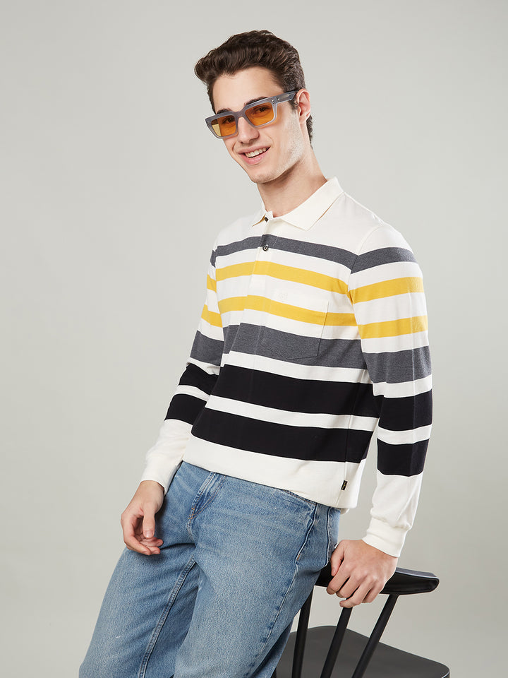 Men’s Striped Polo – Long Sleeve Cotton Blend - T-Shirts
