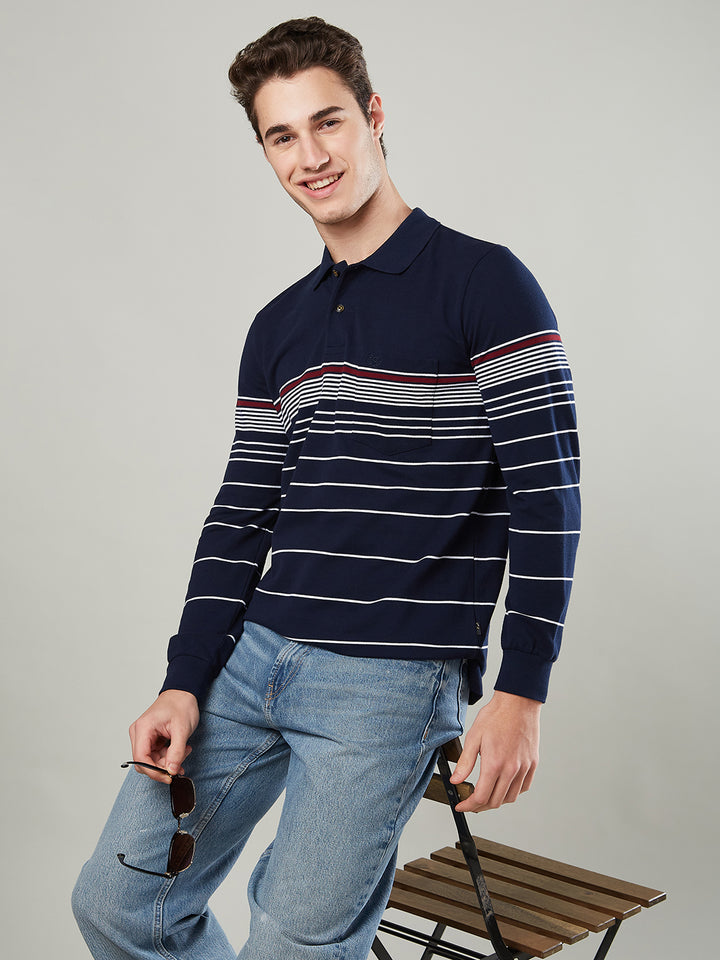 Men’s Striped Polo – Long Sleeve Cotton Blend - T-Shirts