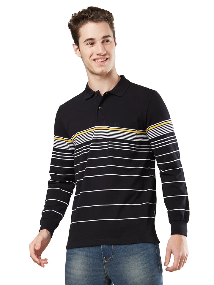 Men’s Striped Polo – Long Sleeve Cotton Blend - T-Shirts