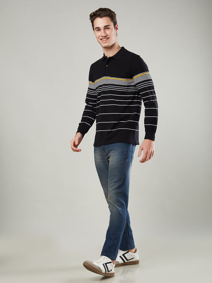 Men’s Striped Polo – Long Sleeve Cotton Blend - T-Shirts