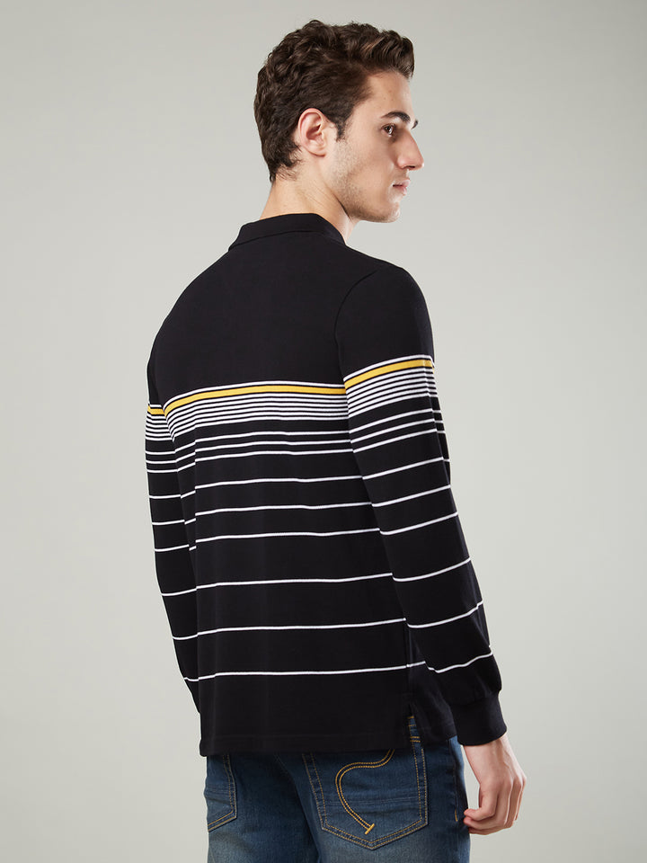 Men’s Striped Polo – Long Sleeve Cotton Blend - T-Shirts