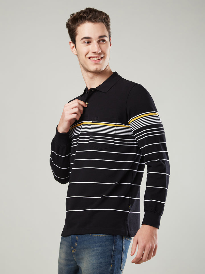 Men’s Striped Polo – Long Sleeve Cotton Blend - T-Shirts