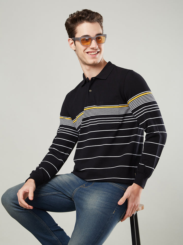 Men’s Striped Polo – Long Sleeve Cotton Blend - T-Shirts