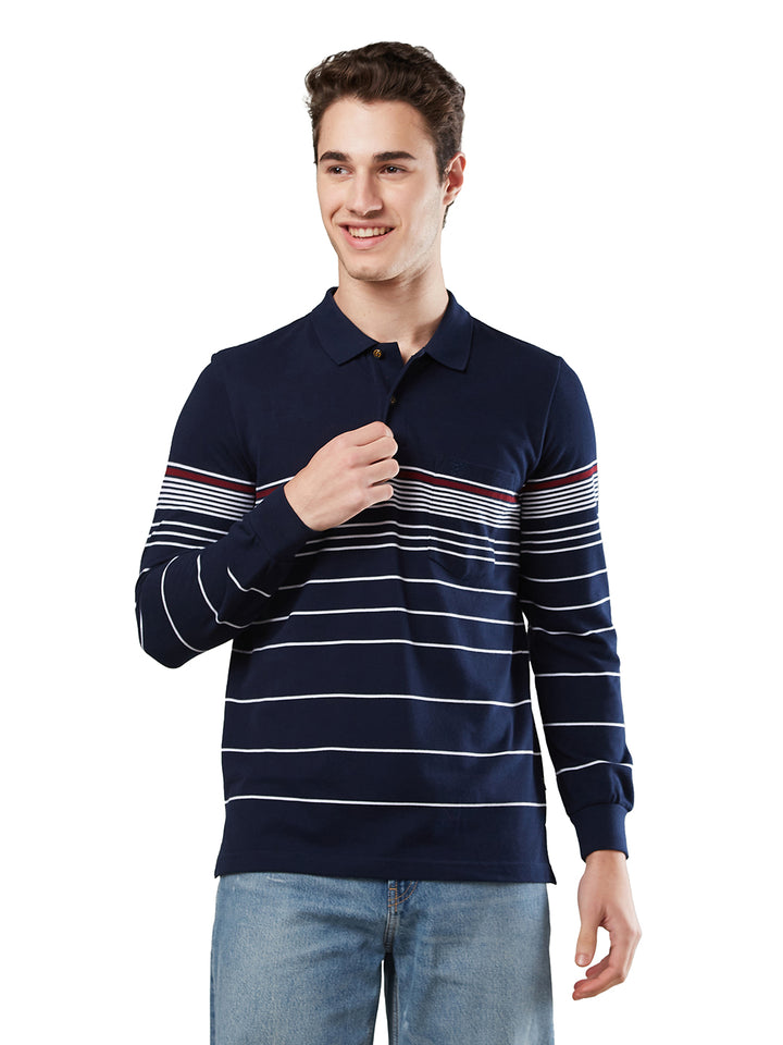 Men’s Striped Polo – Long Sleeve Cotton Blend - T-Shirts