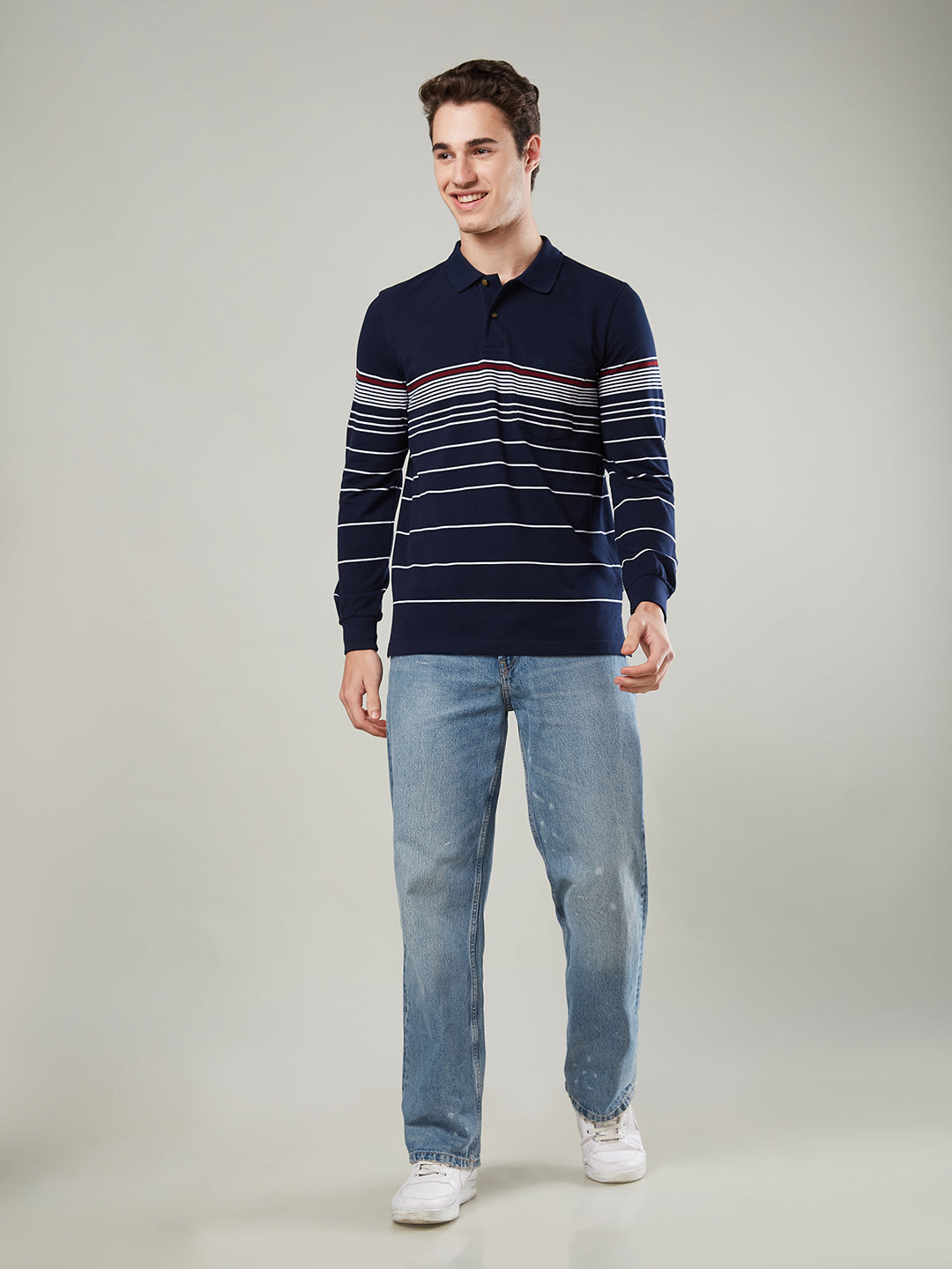 Men’s Striped Polo – Long Sleeve Cotton Blend - T-Shirts
