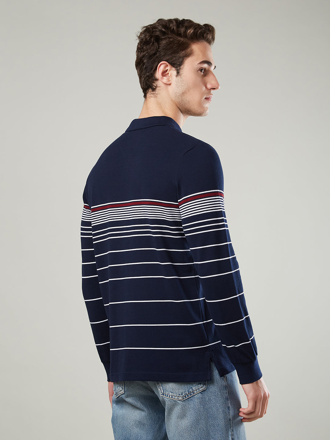 Men’s Striped Polo – Long Sleeve Cotton Blend - T-Shirts