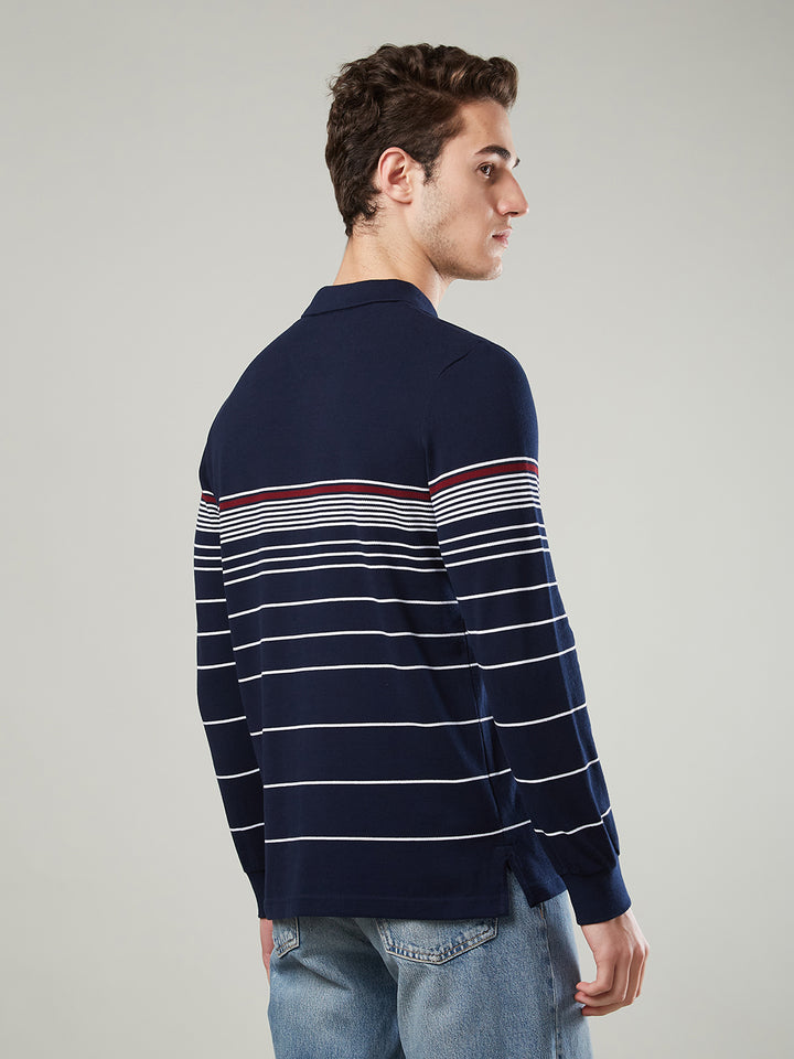 Men’s Striped Polo – Long Sleeve Cotton Blend - T-Shirts