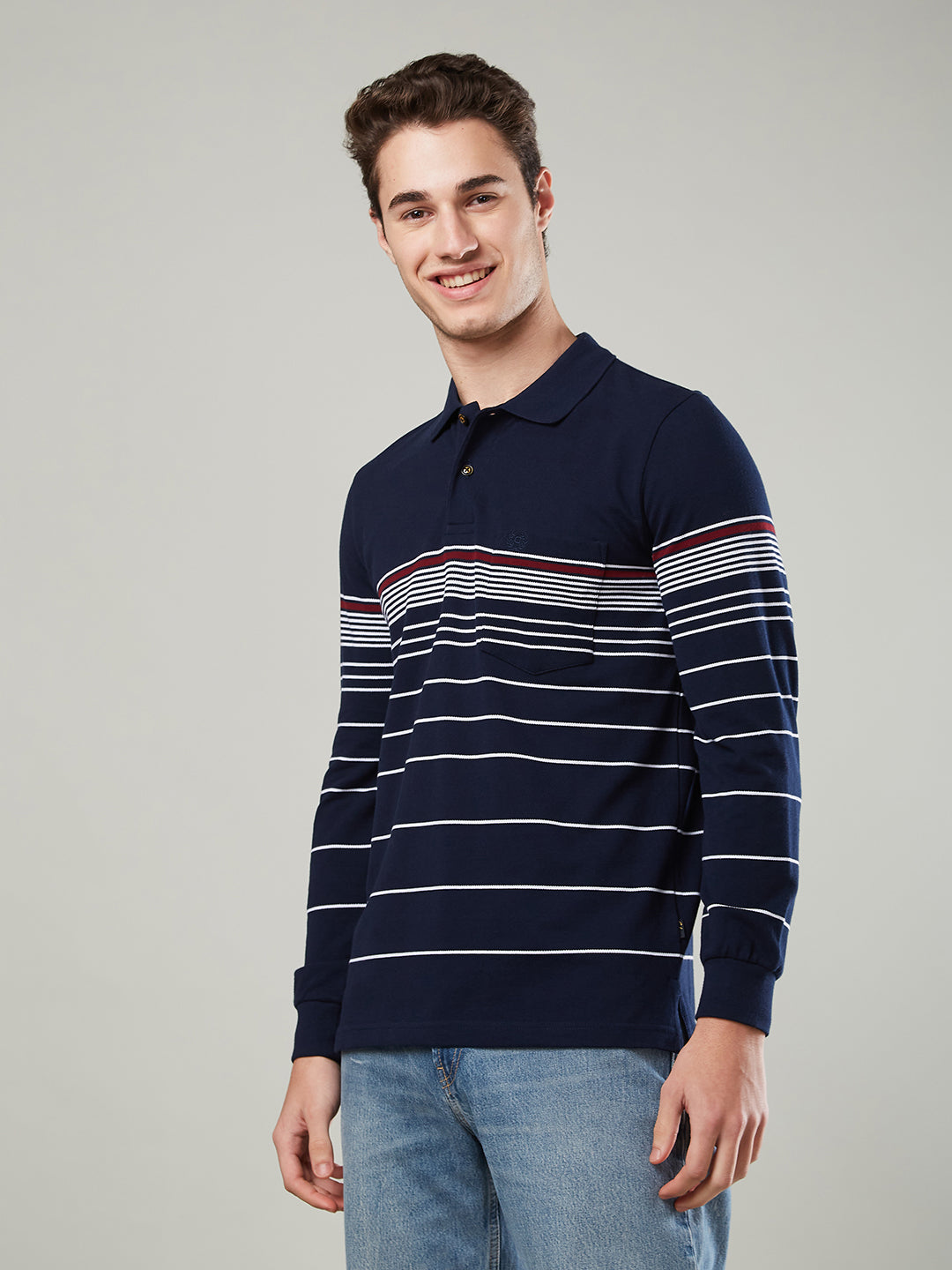 Men’s Striped Polo – Long Sleeve Cotton Blend - T-Shirts