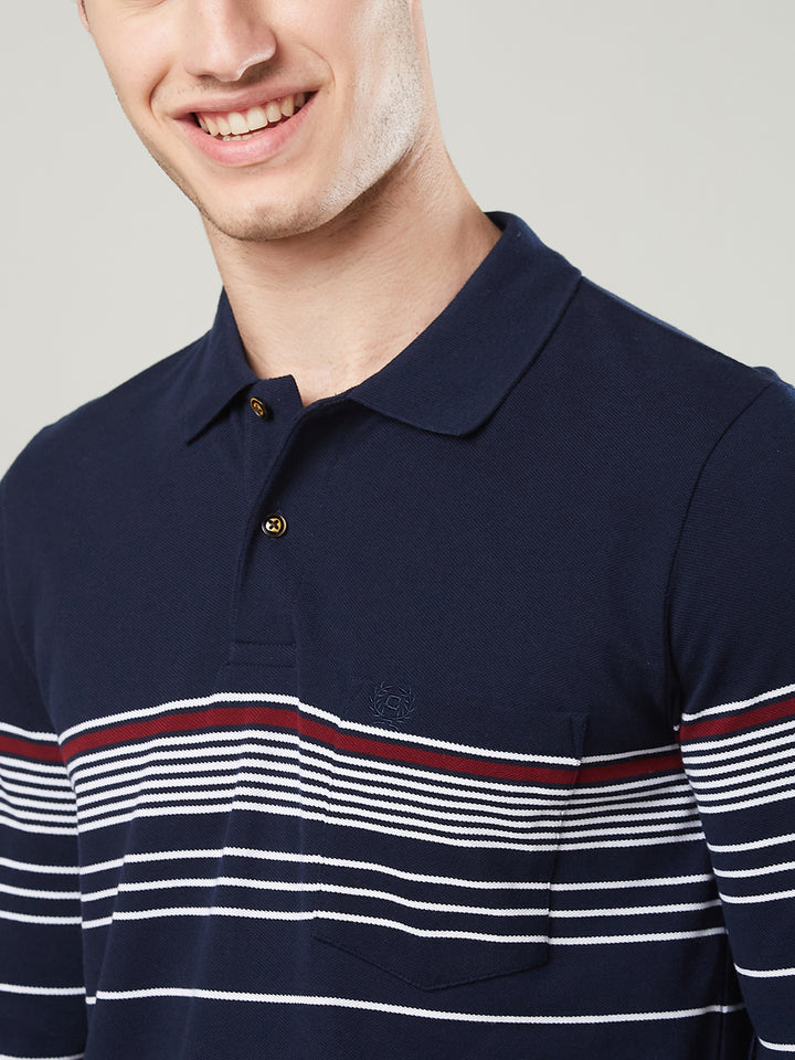 Men’s Striped Polo – Long Sleeve Cotton Blend - T-Shirts