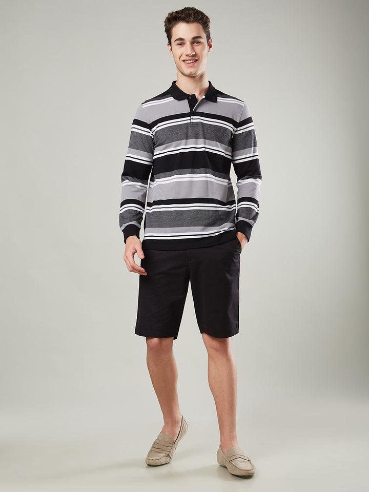Men’s Striped Polo – Long Sleeve Cotton Blend- T-Shirts
