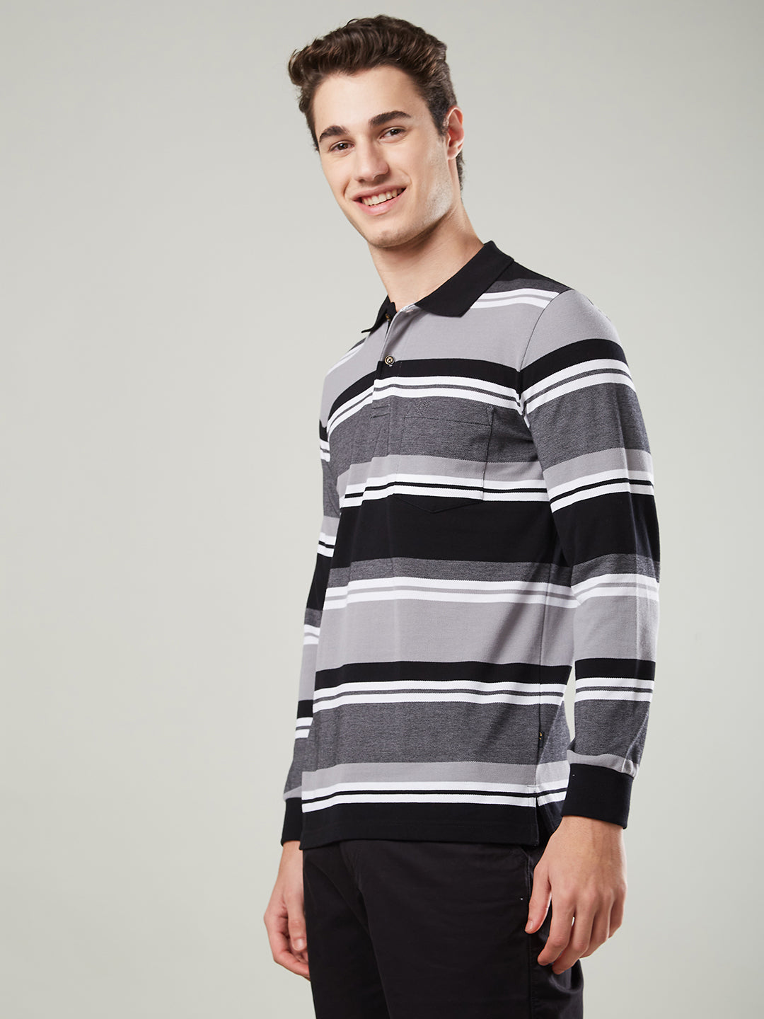 Men’s Striped Polo – Long Sleeve Cotton Blend- T-Shirts
