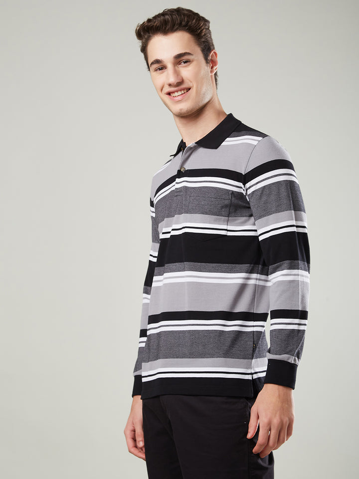 Men’s Striped Polo – Long Sleeve Cotton Blend- T-Shirts