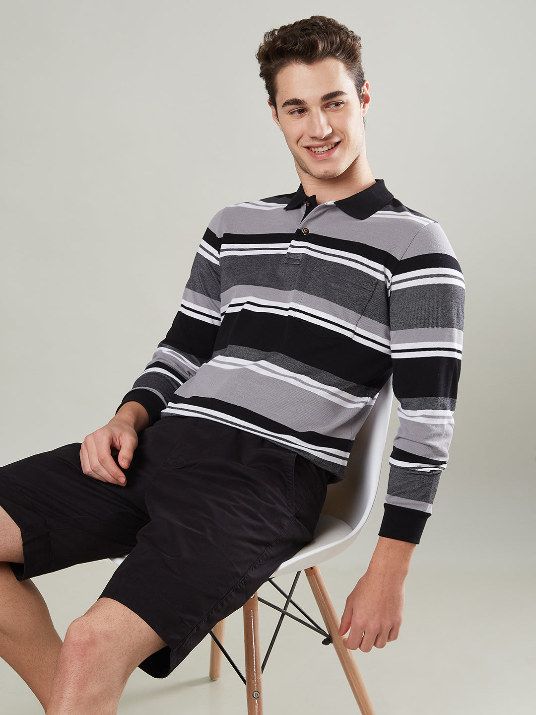 Men’s Striped Polo – Long Sleeve Cotton Blend- T-Shirts