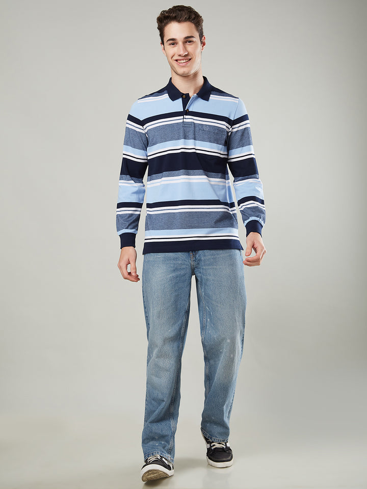 Men’s Striped Polo – Long Sleeve Cotton Blend- T-Shirts