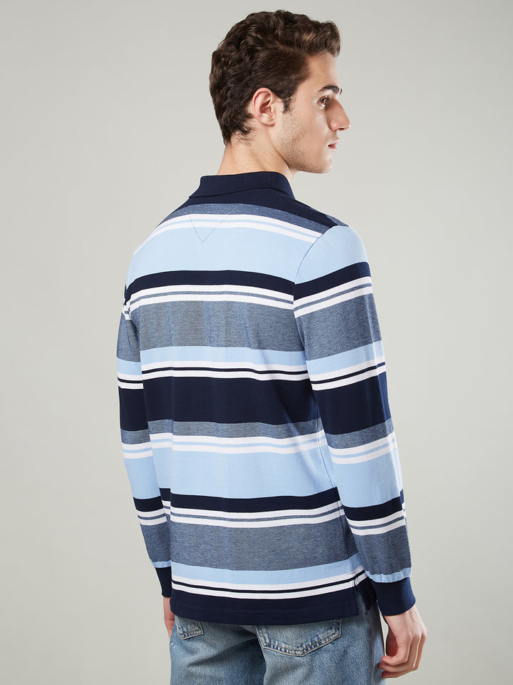Men’s Striped Polo – Long Sleeve Cotton Blend- T-Shirts