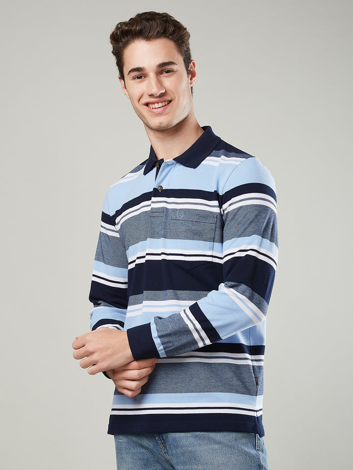 Men’s Striped Polo – Long Sleeve Cotton Blend- T-Shirts