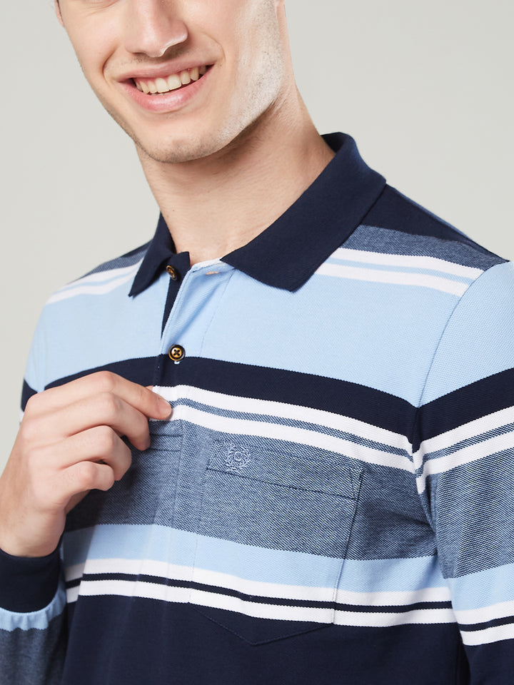 Men’s Striped Polo – Long Sleeve Cotton Blend- T-Shirts