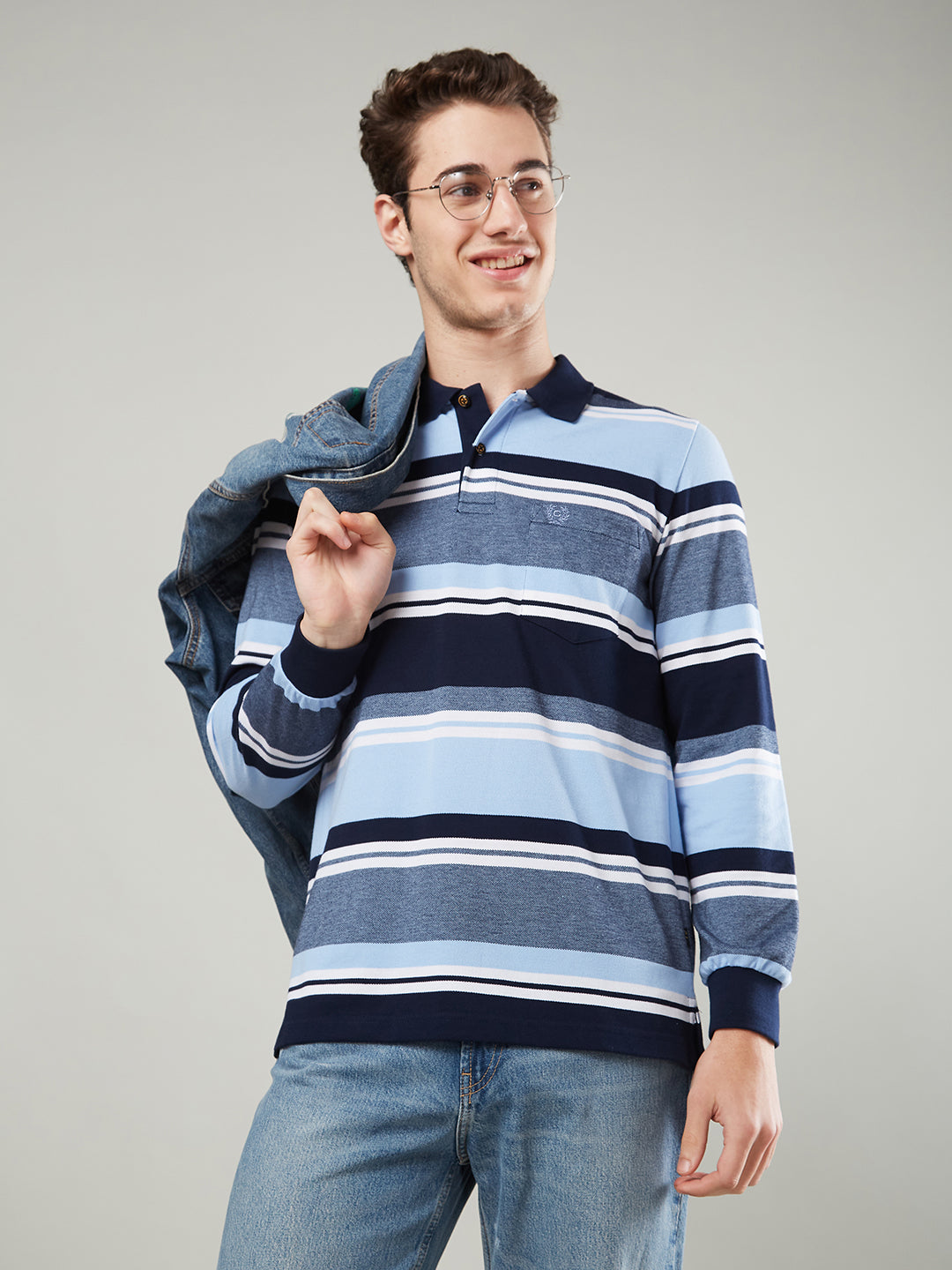 Men’s Striped Polo – Long Sleeve Cotton Blend- T-Shirts