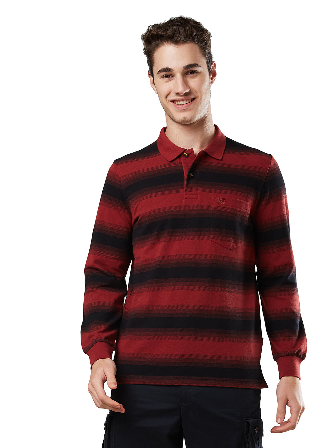 Men’s Striped Polo – Long Sleeve Cotton Blend - T-Shirts