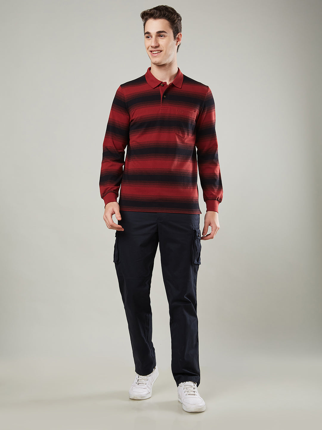 Men’s Striped Polo – Long Sleeve Cotton Blend - T-Shirts