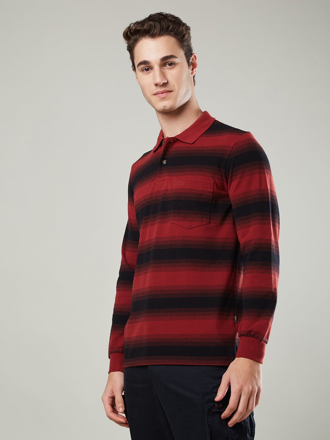 Men’s Striped Polo – Long Sleeve Cotton Blend - T-Shirts