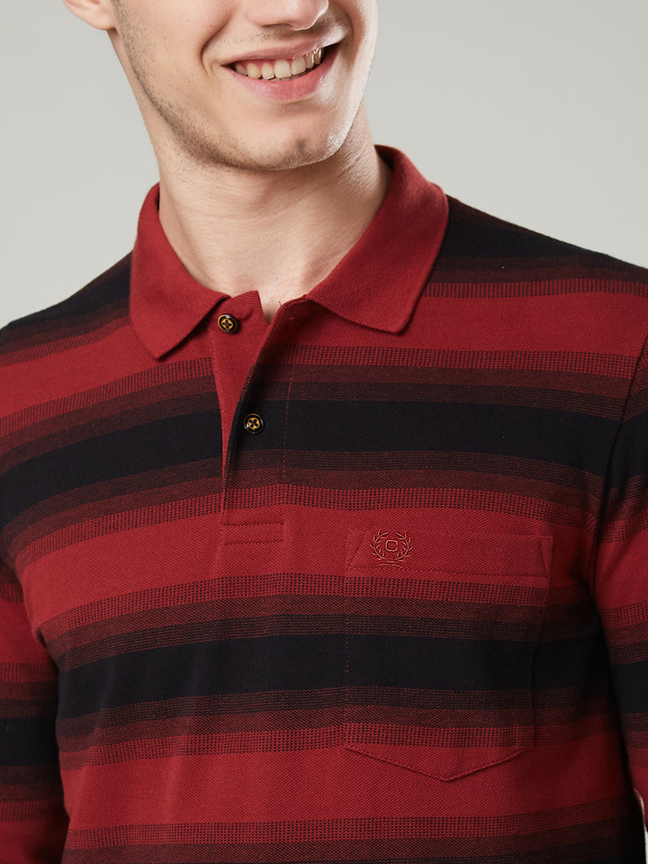 Men’s Striped Polo – Long Sleeve Cotton Blend - T-Shirts