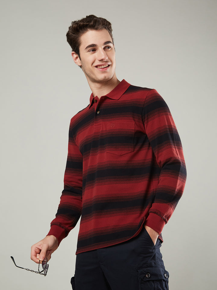 Men’s Striped Polo – Long Sleeve Cotton Blend - T-Shirts