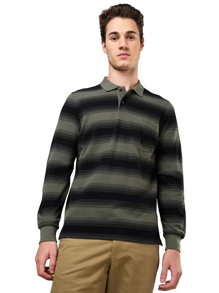 Men’s Striped Polo – Long Sleeve Cotton Blend - T-Shirts