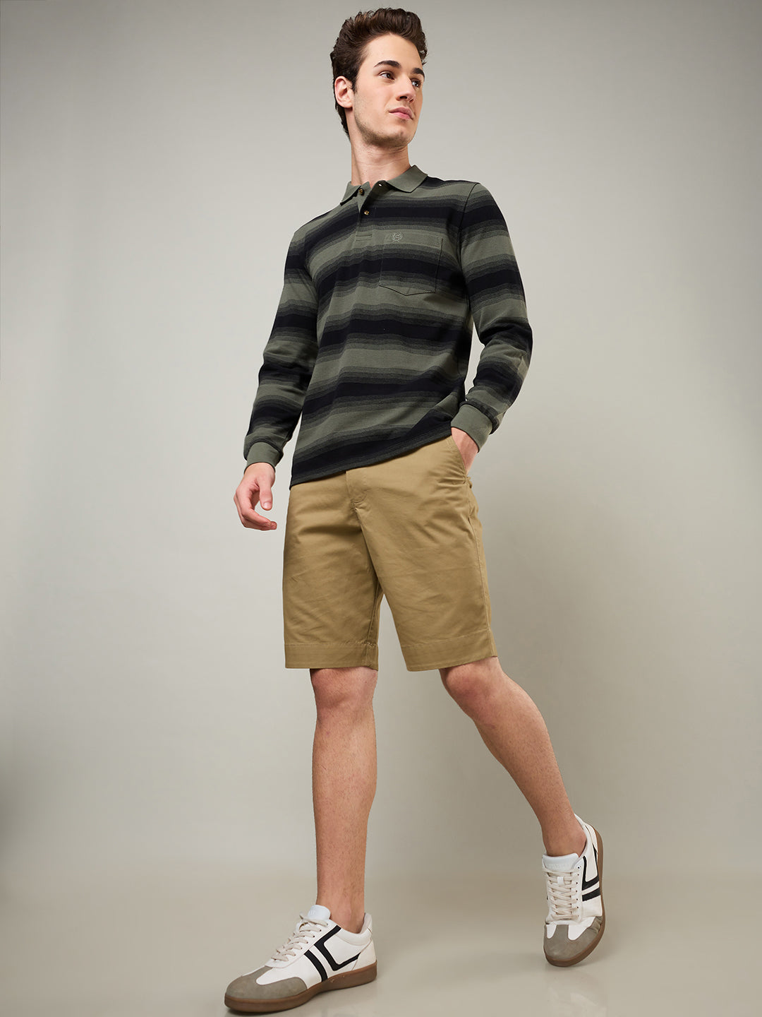 Men’s Striped Polo – Long Sleeve Cotton Blend - T-Shirts