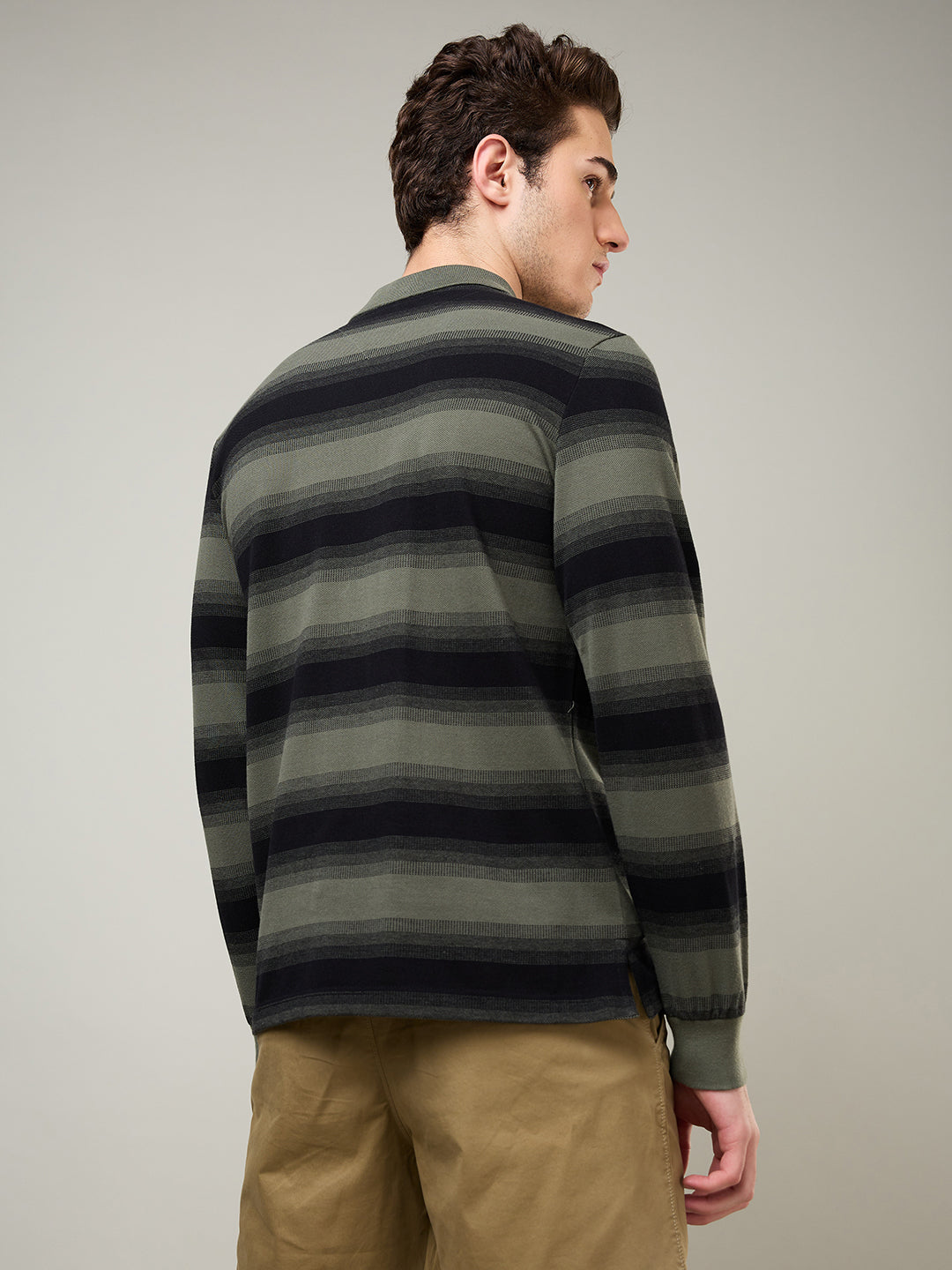 Men’s Striped Polo – Long Sleeve Cotton Blend - T-Shirts