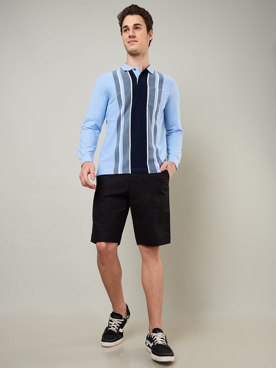 Men's Vertical Striped Long-Sleeve Polo Shirt