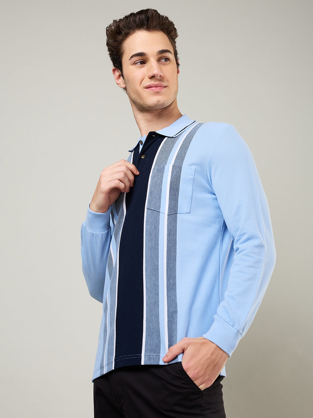 Men's Vertical Striped Long-Sleeve Polo Shirt