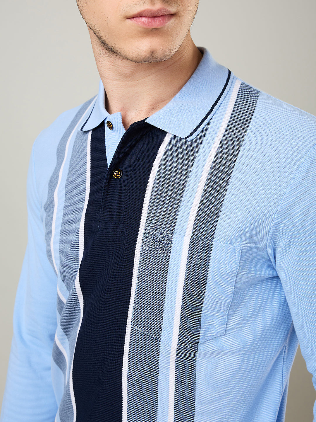 Men's Vertical Striped Long-Sleeve Polo Shirt