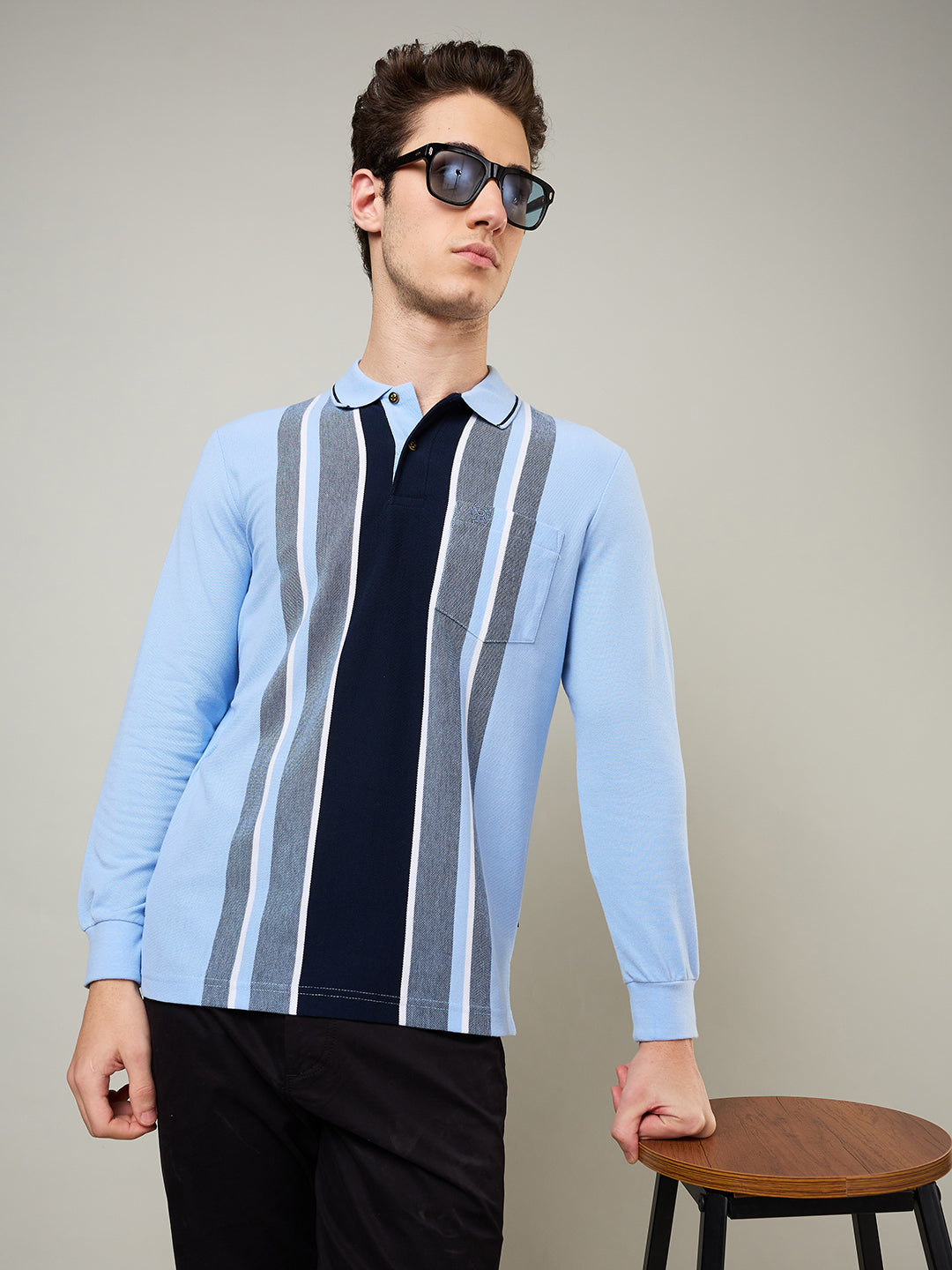 Men's Vertical Striped Long-Sleeve Polo Shirt