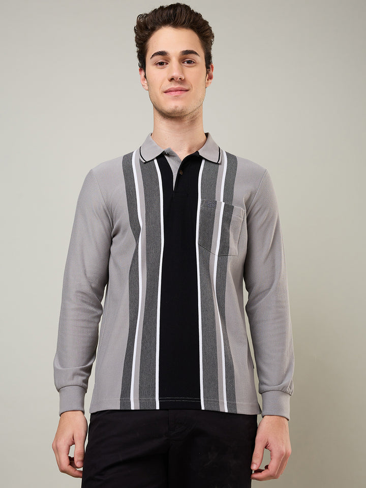 Men's Vertical Striped Long-Sleeve Polo Shirt