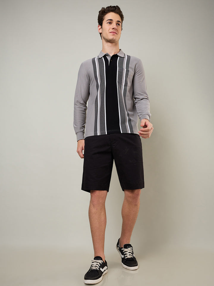 Men's Vertical Striped Long-Sleeve Polo Shirt