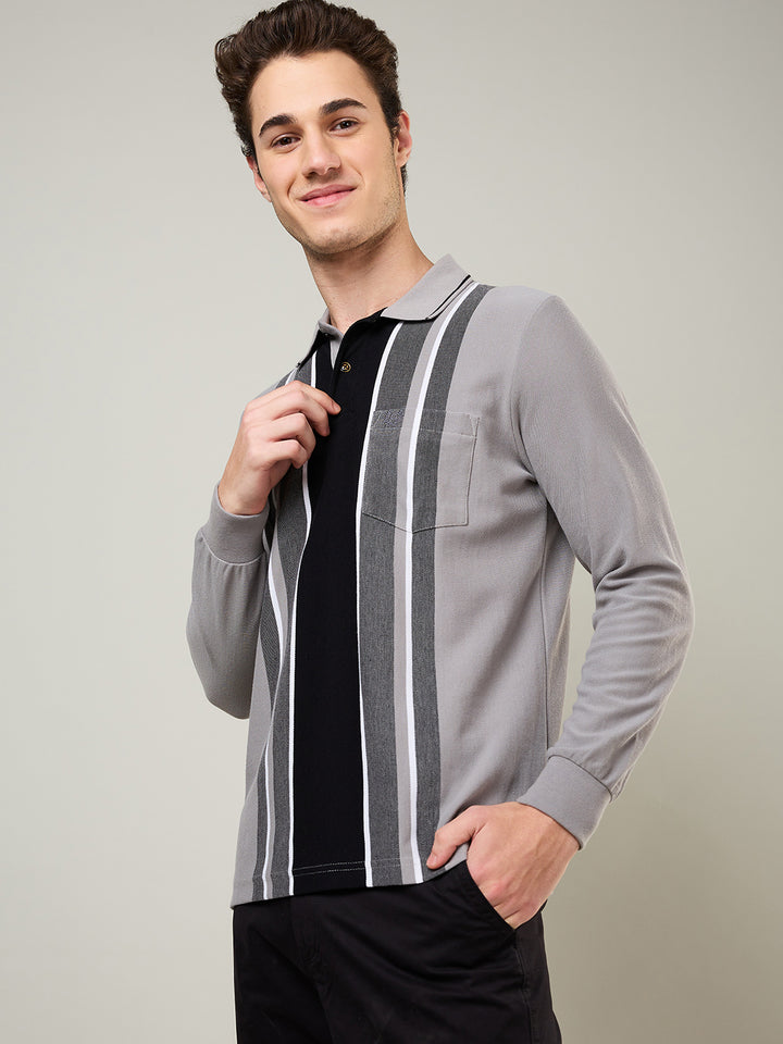 Men's Vertical Striped Long-Sleeve Polo Shirt