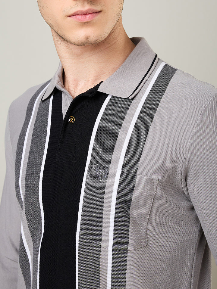 Men's Vertical Striped Long-Sleeve Polo Shirt