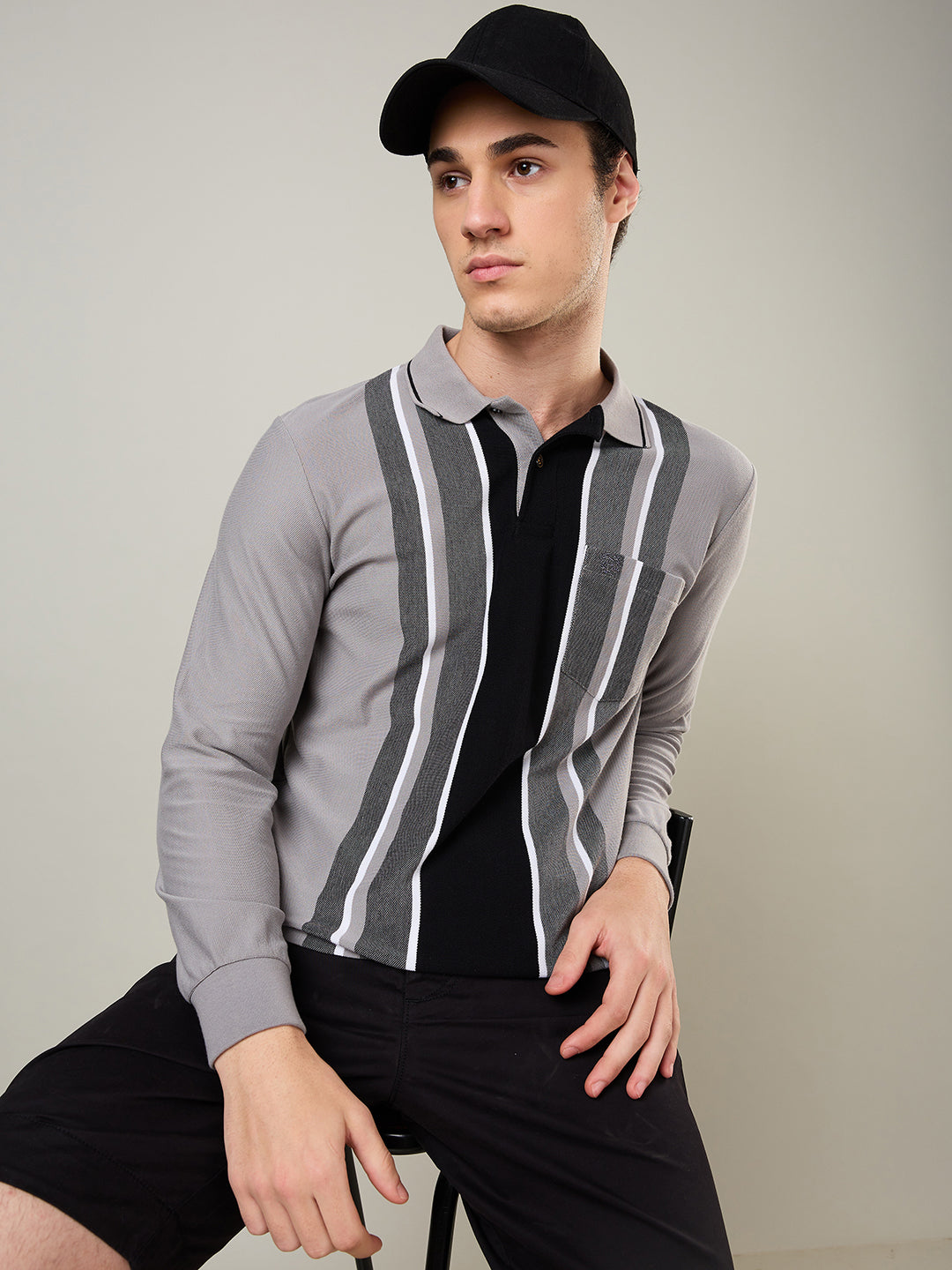 Men's Vertical Striped Long-Sleeve Polo Shirt