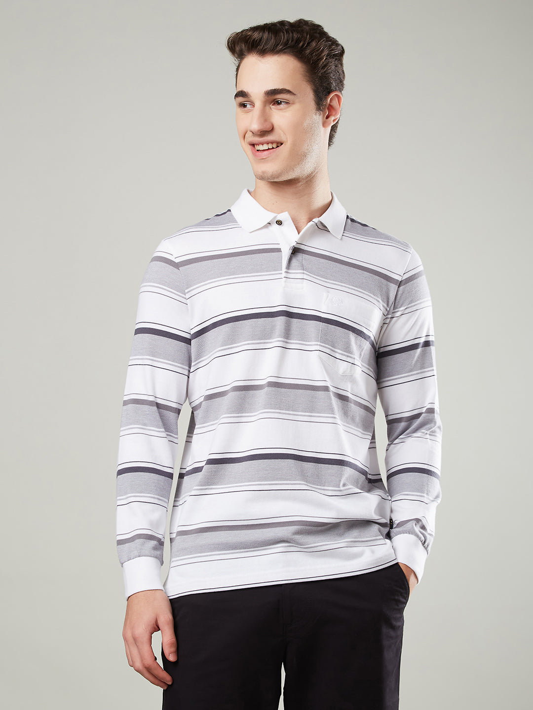 Men’s Long Sleeve Single Jersey Striped Polo Cotton Blend Shirt