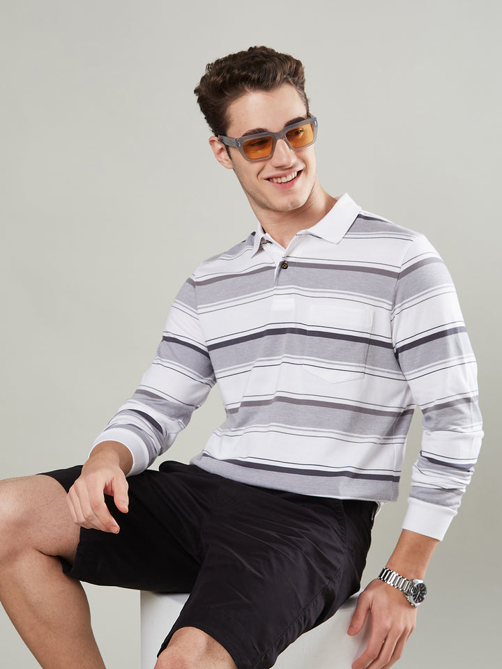 Men’s Long Sleeve Single Jersey Striped Polo Cotton Blend Shirt