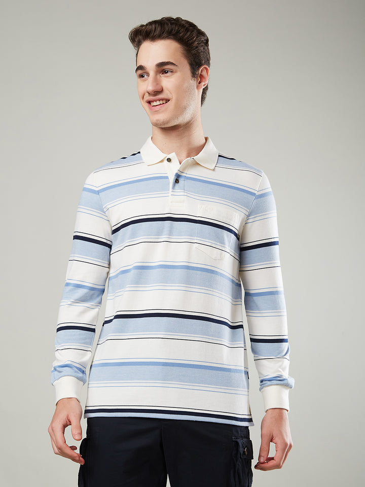 Men’s Long Sleeve Single Jersey Striped Polo Cotton Blend Shirt