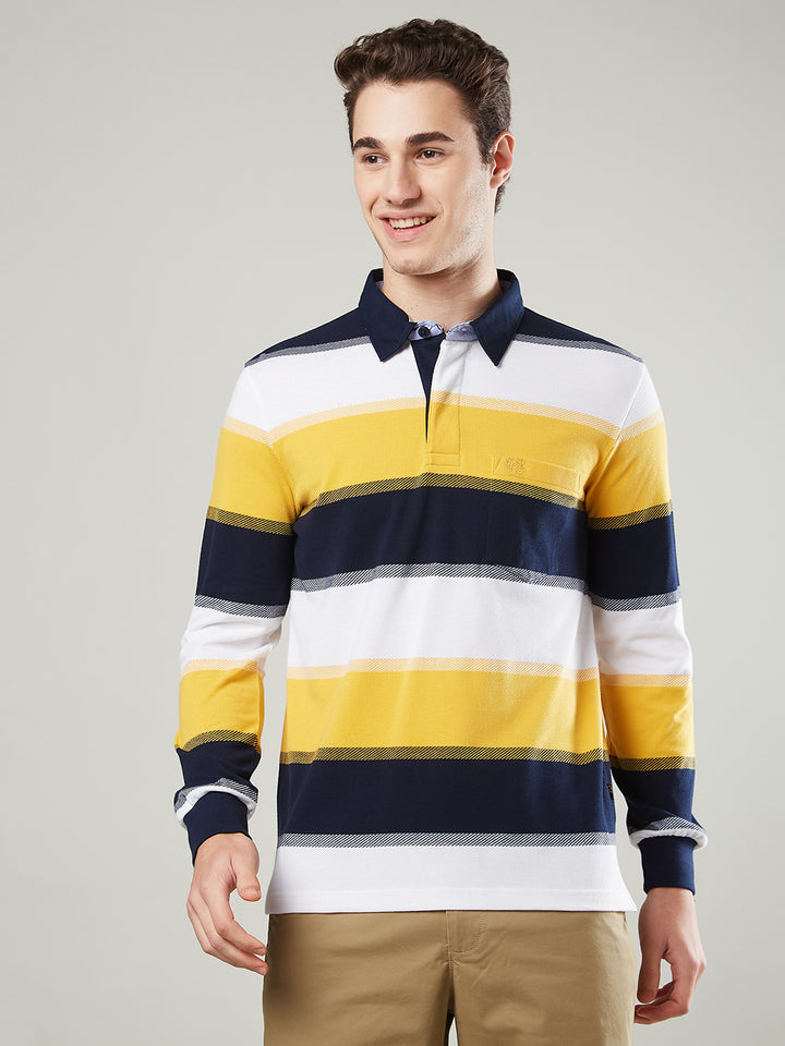 Men's Full Sleeve Striped Rugby Polo Cotton Blend T-Shirts