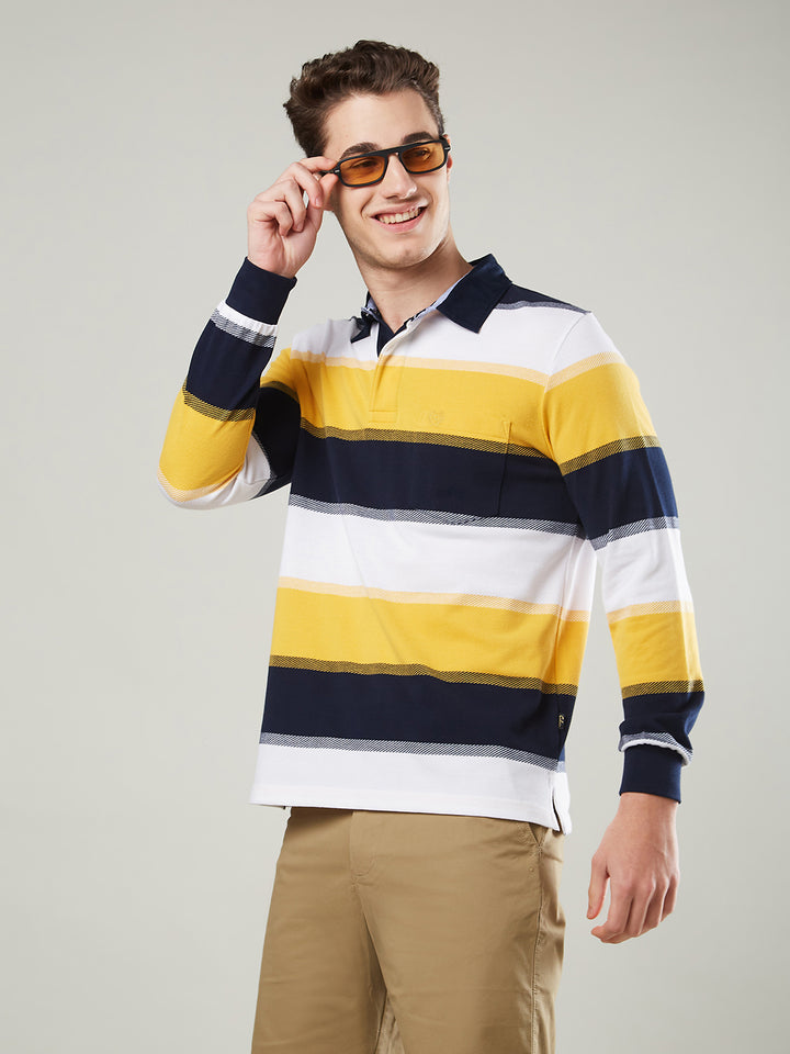 Men's Full Sleeve Striped Rugby Polo Cotton Blend T-Shirts